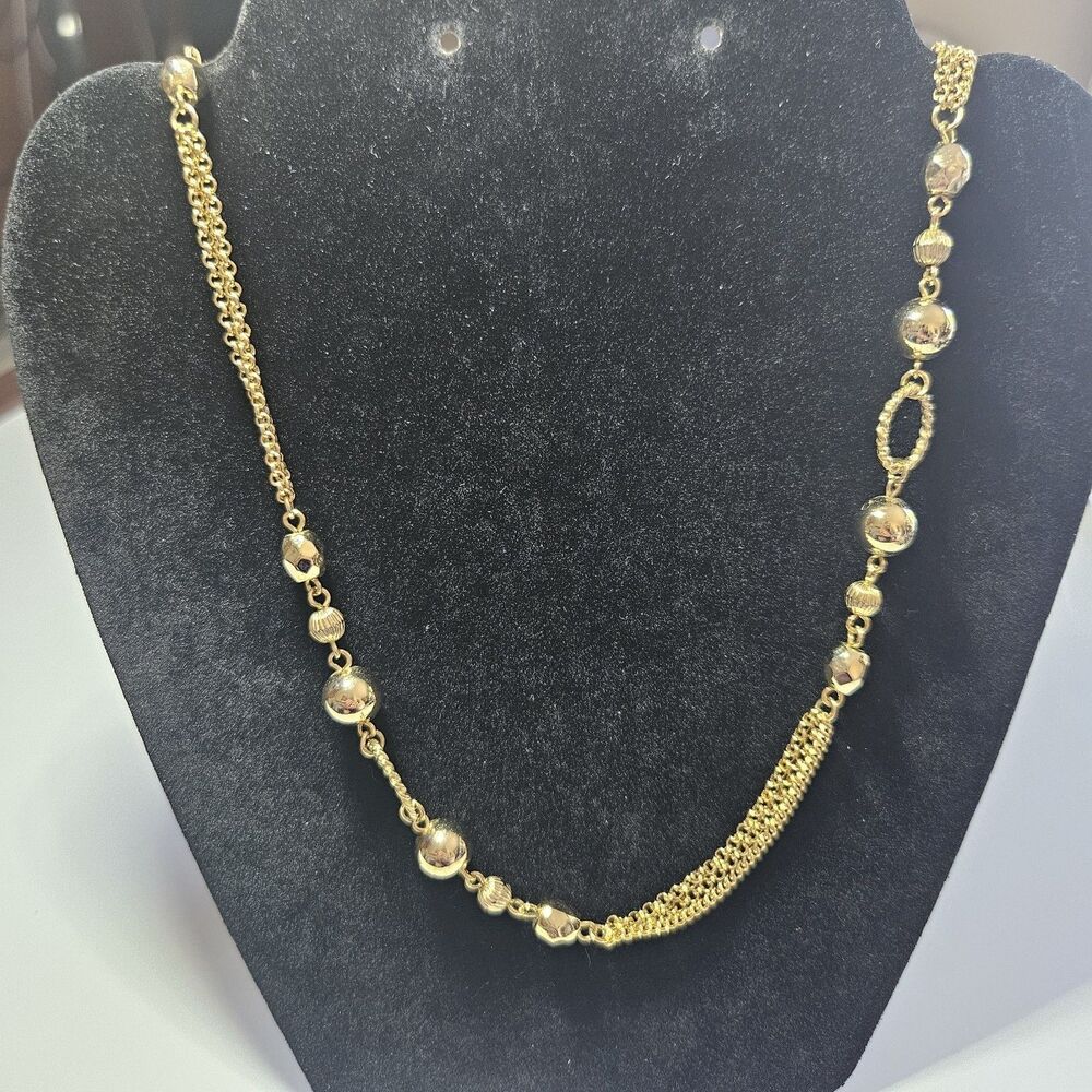 Gold Tone Layered Chain And Bead Necklace 30"
